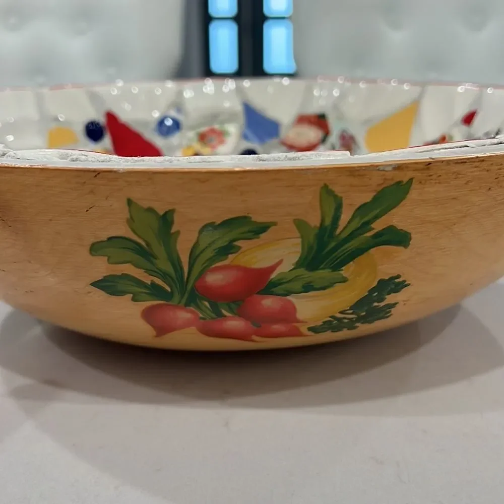Rare**Vintage Thurnauer Wood bowl with ceramic pieces